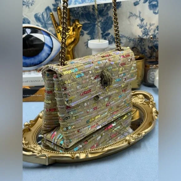 🆕 KURT GEIGER LONDON 🧿 NWOT Lurex Medium Kensington, Gold Rainbow Sequins - Picture 4 of 13